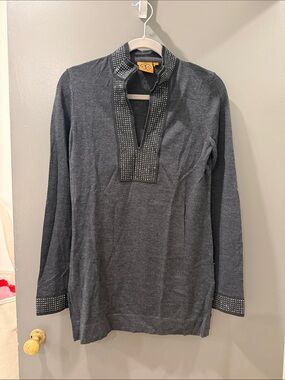 EUC Tory Burch 100% Merino Wool Tunic Sweater Gray Blue Sz Small
